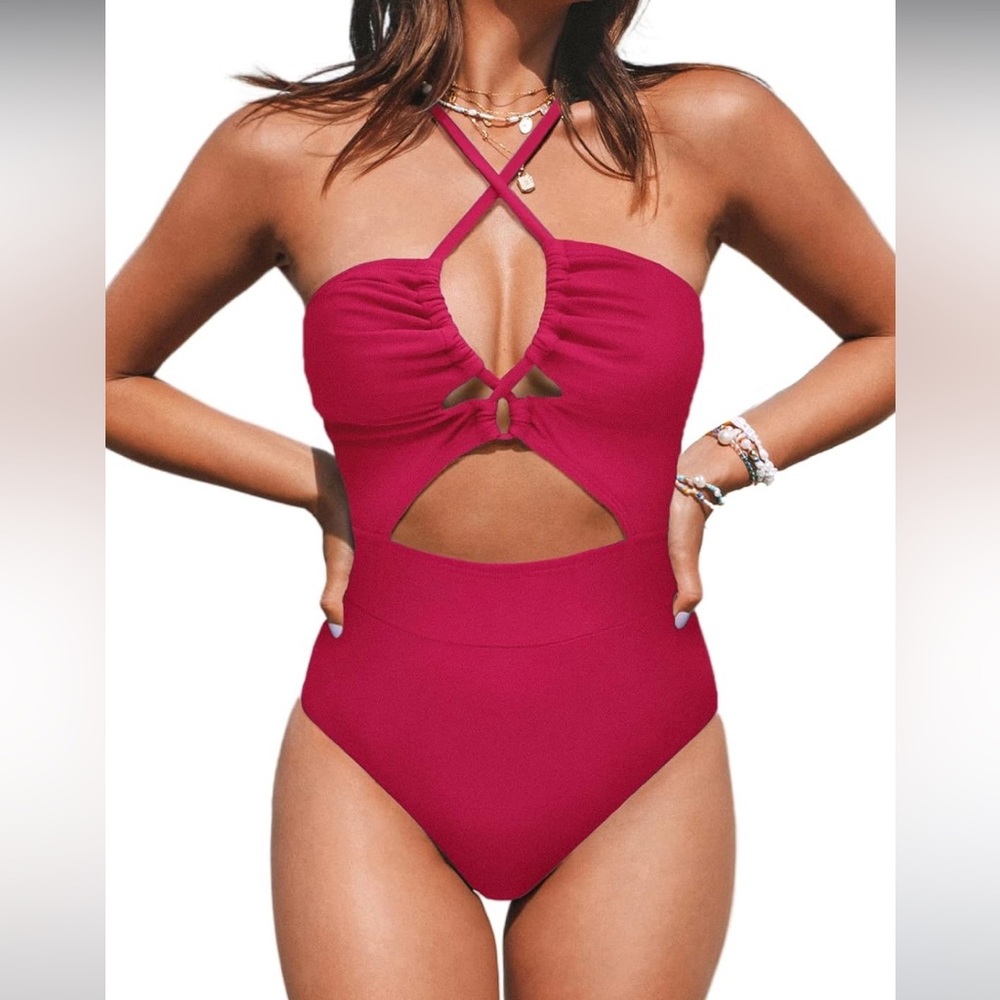 Cupshe Hot Pink One Piece Cut Out Crossover Swimsuit Size L (12-14)
